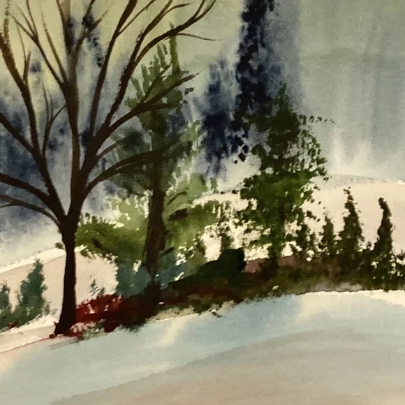 ORIGINAL SIGNED WATERCOLOR LANDSCAPE PINE TREE SNOW BANK LAKE REFLECTION MATTED